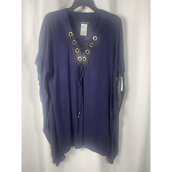 La Blanca Capri Lace Up Caftan Swim Cover-Up In Navy Blue Sz Sm New - Picture 4 of 8